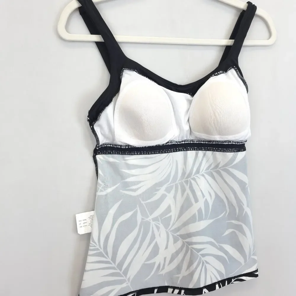 Jamaica Bay Tankini‎ Top Women 12 Black White Palm Leaf Print Padded Babydall